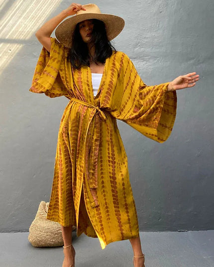 Długie kimono plażowe boho – narzutka damska na lato | Klenti