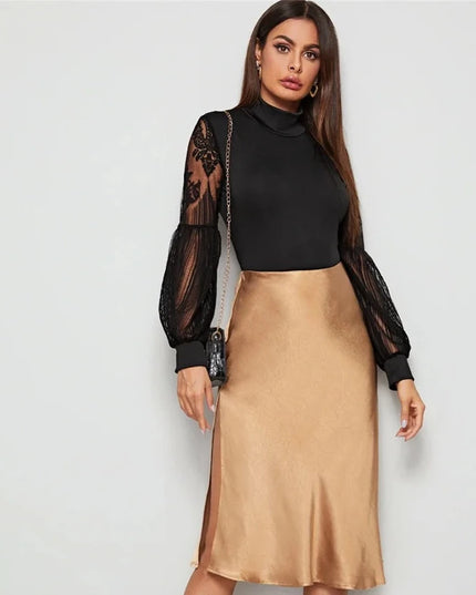 Body damskie z golfem i bufiastymi rękawami