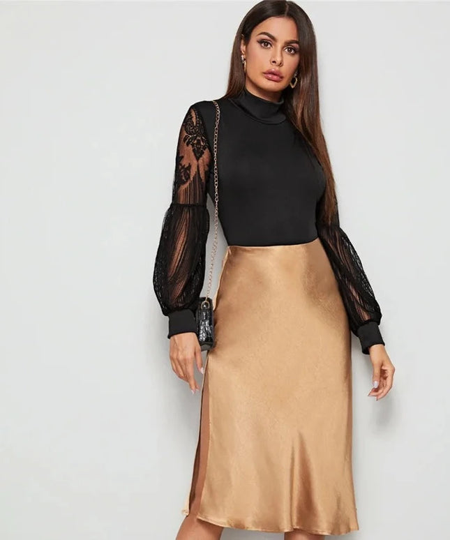 Body damskie z golfem i bufiastymi rękawami