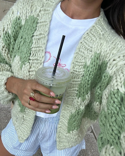 Kolorowy sweter damski oversize z grubym splotem – modny kardigan z długim rękawem