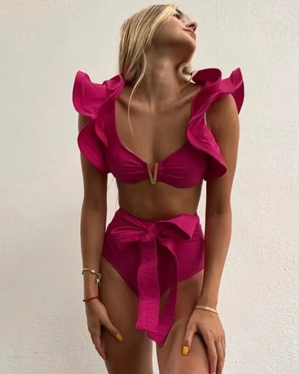 Dwuczęściowy strój kąpielowy z falbankami przy rękawach i wysokim stanem