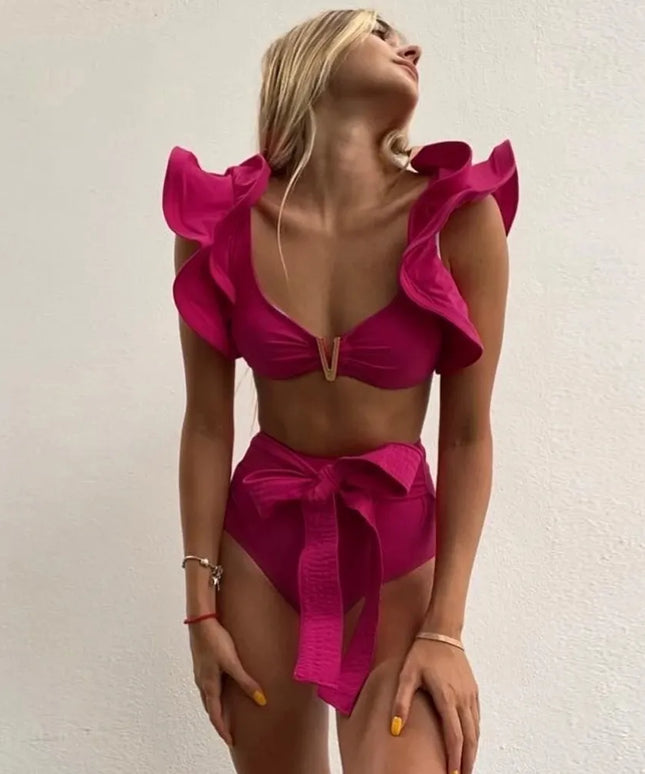 Dwuczęściowy strój kąpielowy z falbankami przy rękawach i wysokim stanem