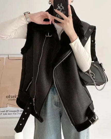 Kamizelka damska skórzana z ozdobnym futerkiem