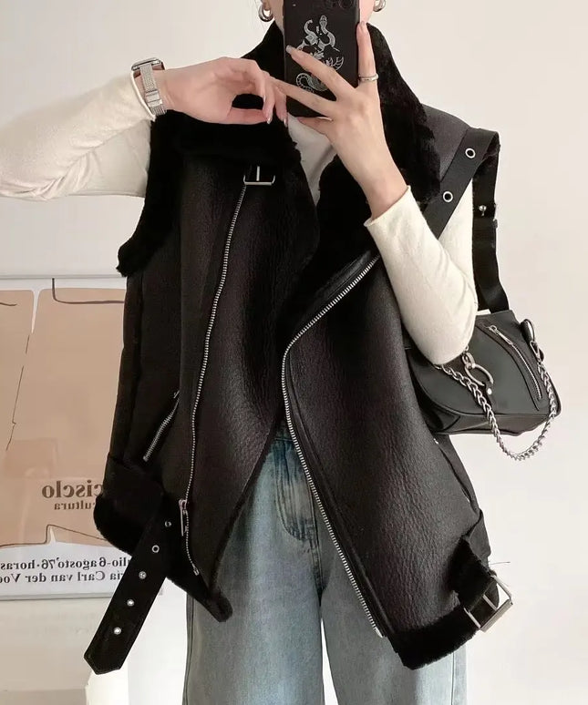 Kamizelka damska skórzana z ozdobnym futerkiem