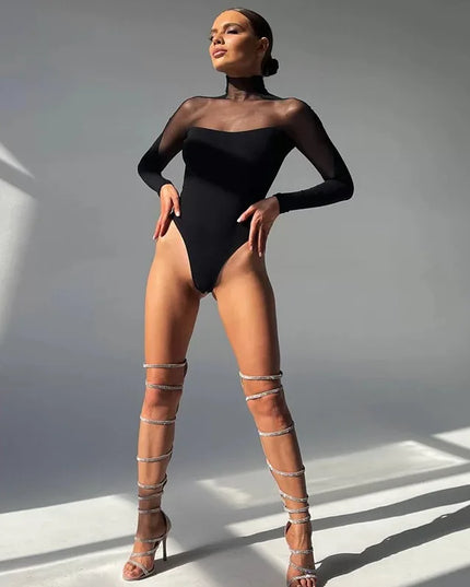 Body damskie z siateczki z długim rękawem