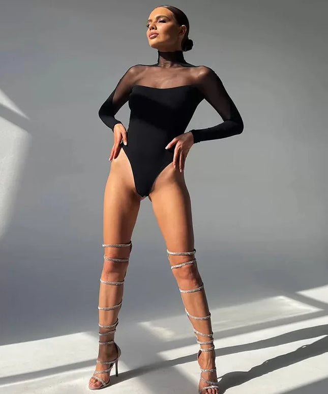 Body damskie z siateczki z długim rękawem