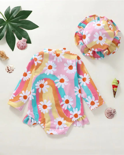 Jednoczęściowy strój kąpielowy dla niemowląt w kwiatki z kapeluszem w zestawie