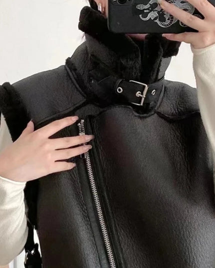 Kamizelka damska skórzana z ozdobnym futerkiem