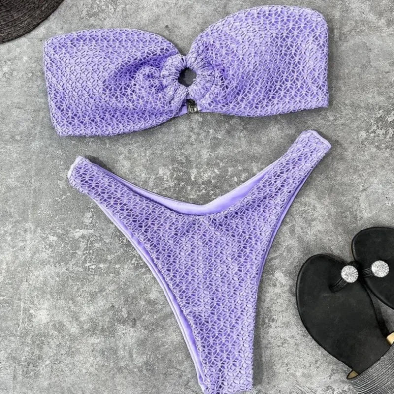 Dwuczęściowy strój kąpielowy bikini bez ramiączek z marszczonego materiału