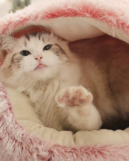 Pluszowe legowisko z kapturem dla pupila – ciepłe, okrągłe gniazdo z pokrowcem dla psa lub kota