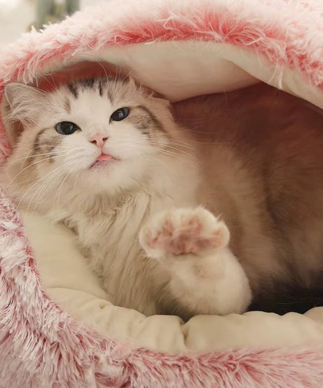 Pluszowe legowisko z kapturem dla pupila – ciepłe, okrągłe gniazdo z pokrowcem dla psa lub kota