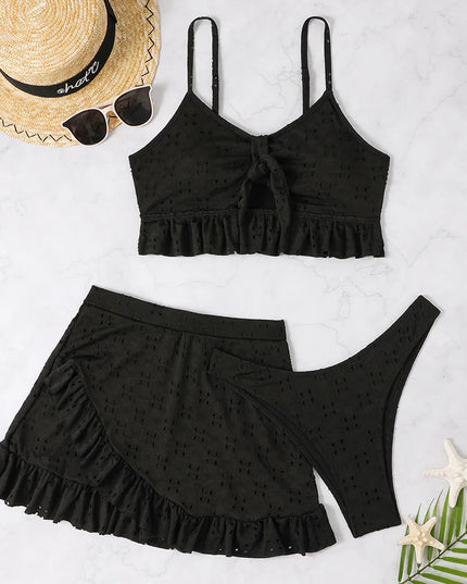 Dwuczęściowy strój kąpielowy z falbankami w zestawie ze spódnicą - 3 elementy