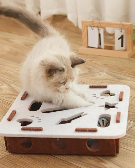 Interaktywne puzzle dla kota – filcowa gra logiczna z piłkami i miejscem na smakołyki