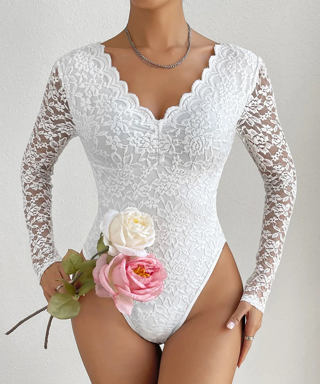 Body damskie koronkowe z długim rękawem