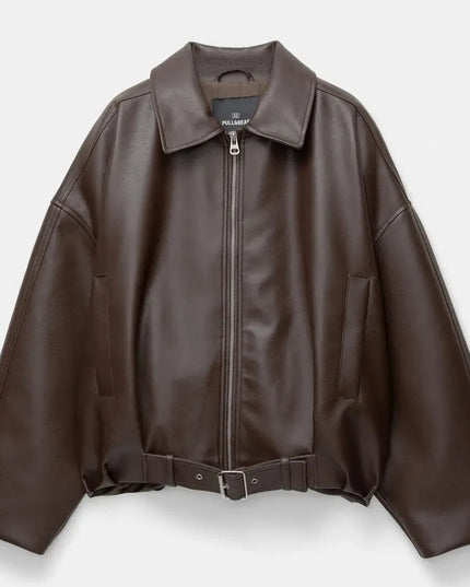 Damska skórzana kurtka przejściowa w stylu vintage - krój oversize