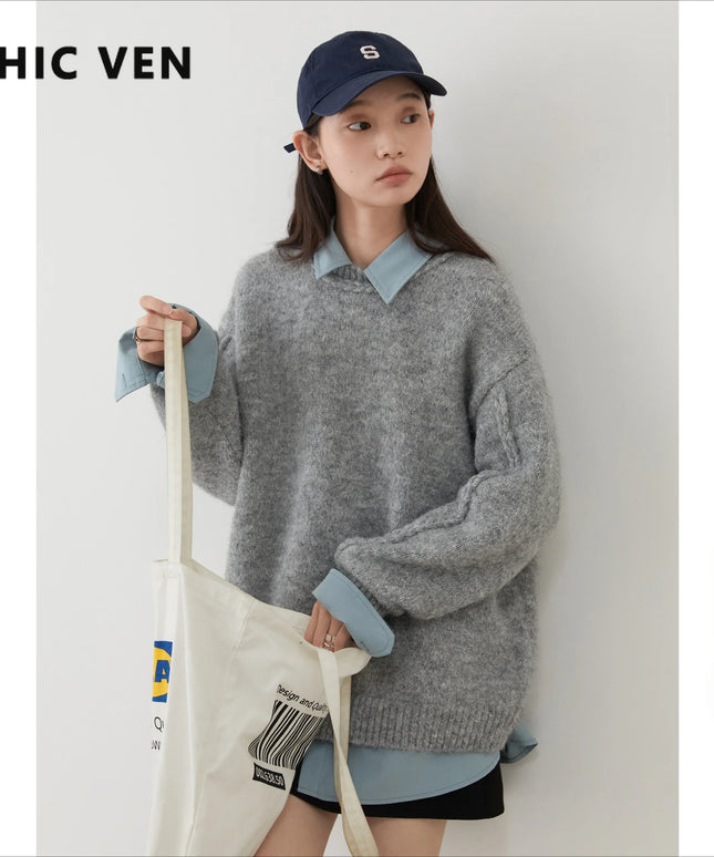 Damski sweter dziergany z okrągłym dekoltem – minimalistyczny