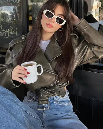 Damska kurtka skórzana ramoneska oversize w stylu vintage