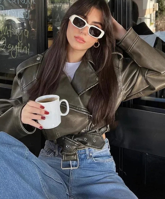 Damska kurtka skórzana ramoneska oversize w stylu vintage