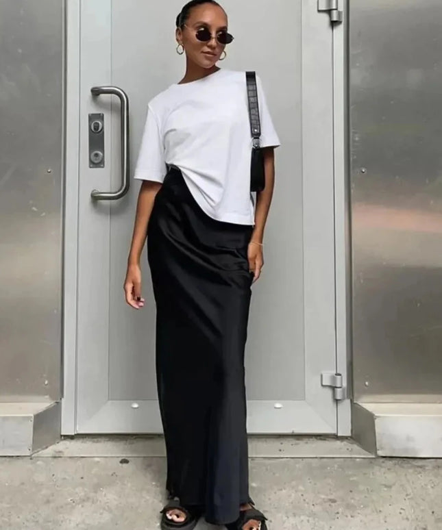 Spódnica maxi satynowa z wysokim stanem