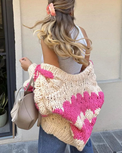 Kolorowy sweter damski oversize z grubym splotem – modny kardigan z długim rękawem