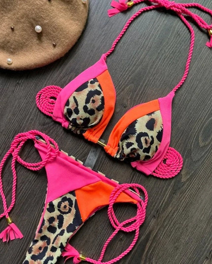 Dwuczęściowy strój kąpielowy mikrobikini w panterkę z grubszymi sznurkami