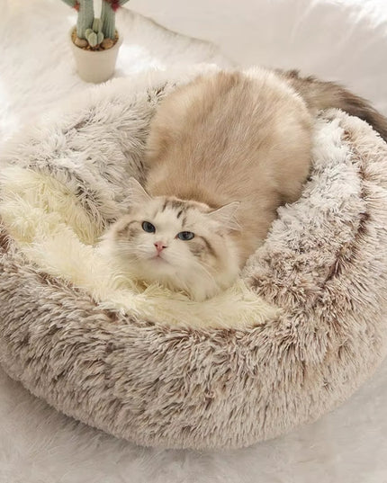 Pluszowe legowisko z kapturem dla pupila – ciepłe, okrągłe gniazdo z pokrowcem dla psa lub kota