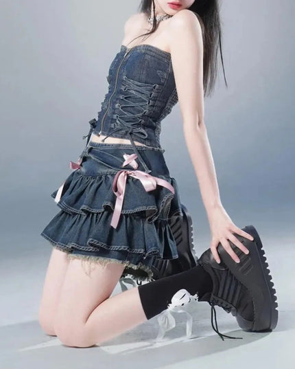 Spódnica mini jeansowa z kokardkami i falbankami