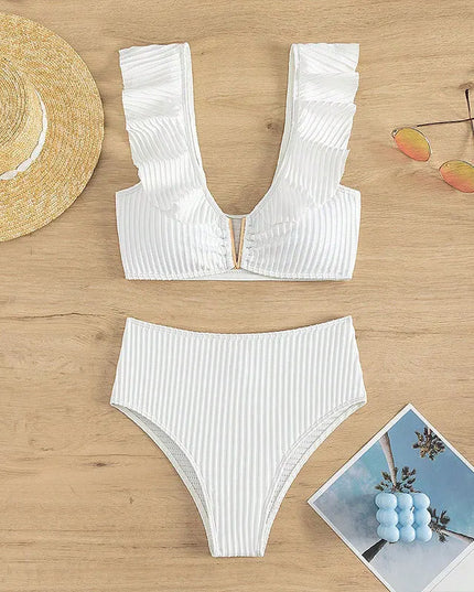 Prążkowany dwuczęściowy strój kąpielowy z falbankami i wysokim stanem