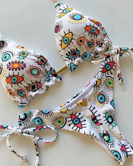 Dwuczęściowy strój kąpielowy mikrobikini wiązany ze wzorem w oczy