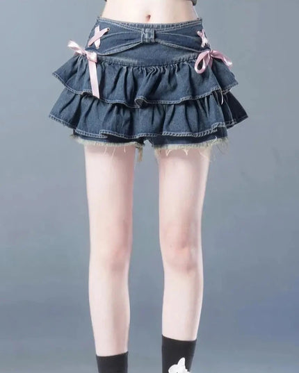 Spódnica mini jeansowa z kokardkami i falbankami