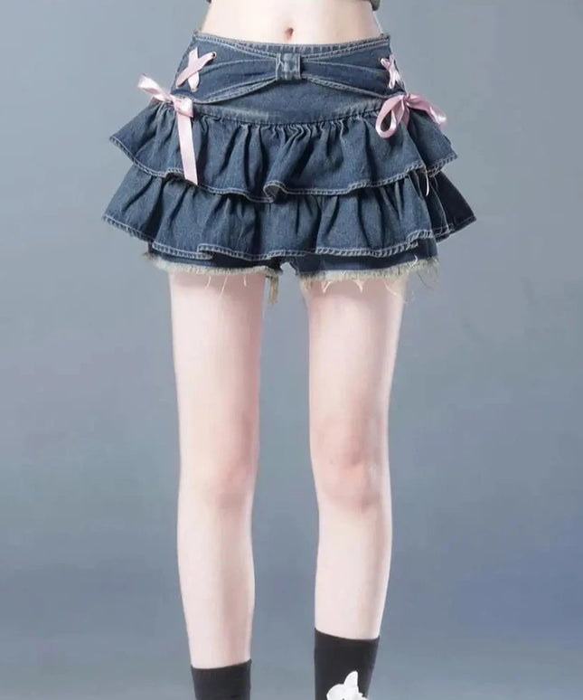 Spódnica mini jeansowa z kokardkami i falbankami