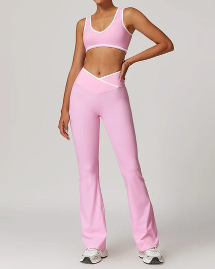 Długi set na jogę i pilates z białą lamówką - krótki top