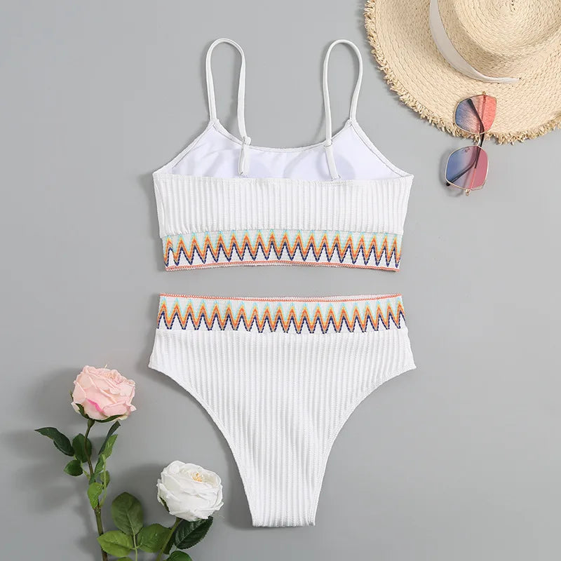 Dwuczęściowy strój kąpielowy bikini prążkowany z wysokim stanem