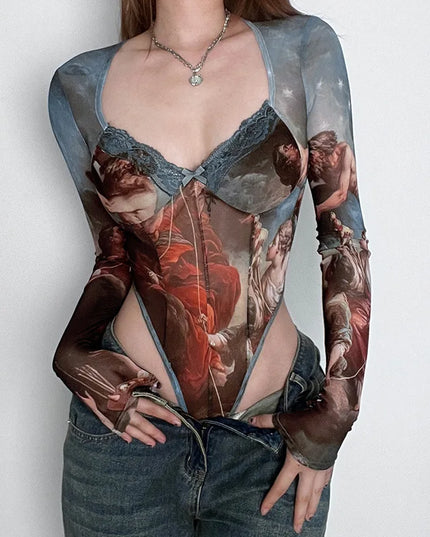 Body damskie gorsetowe ze wzorem