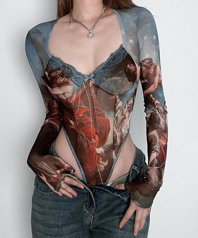 Body damskie gorsetowe ze wzorem