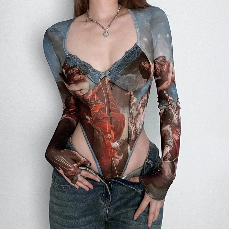 Body damskie gorsetowe ze wzorem