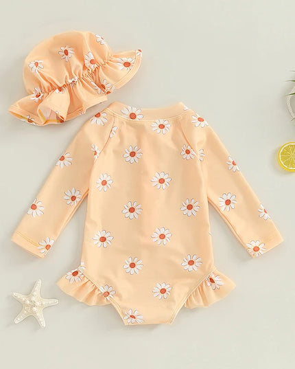 Jednoczęściowy strój kąpielowy dla niemowląt z długim rękawem i kapeluszem
