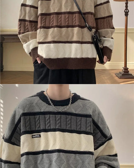 Damski sweter dziergany z okrągłym dekoltem – paski vintage