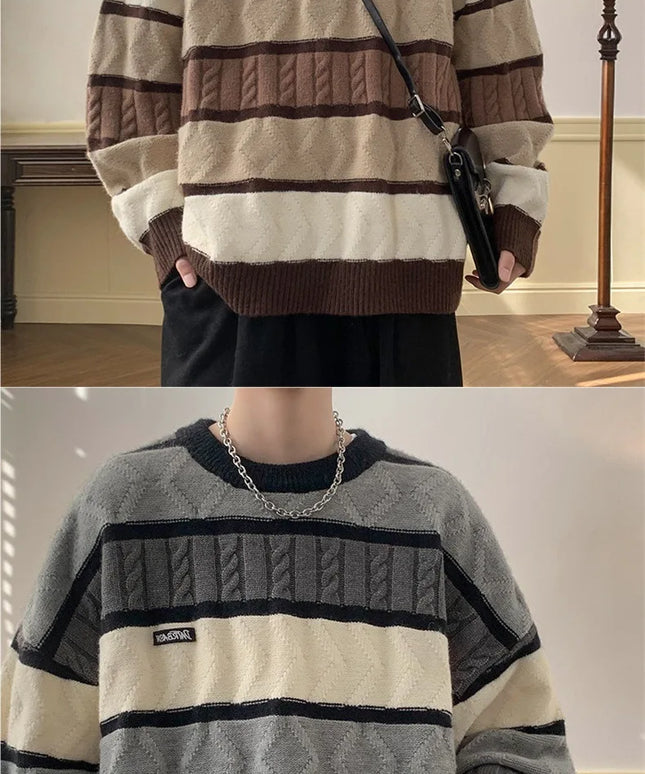 Damski sweter dziergany z okrągłym dekoltem – paski vintage