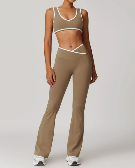 Długi set na jogę i pilates z białą lamówką - krótki top