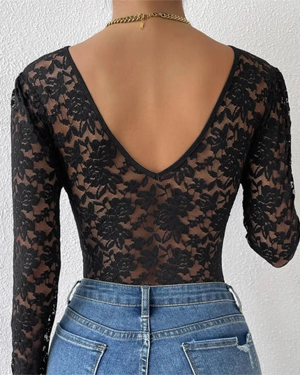 Body damskie koronkowe z długim rękawem