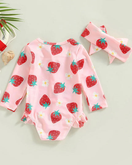 Jednoczęściowy strój kąpielowy dla niemowląt z długim rękawem w truskawki