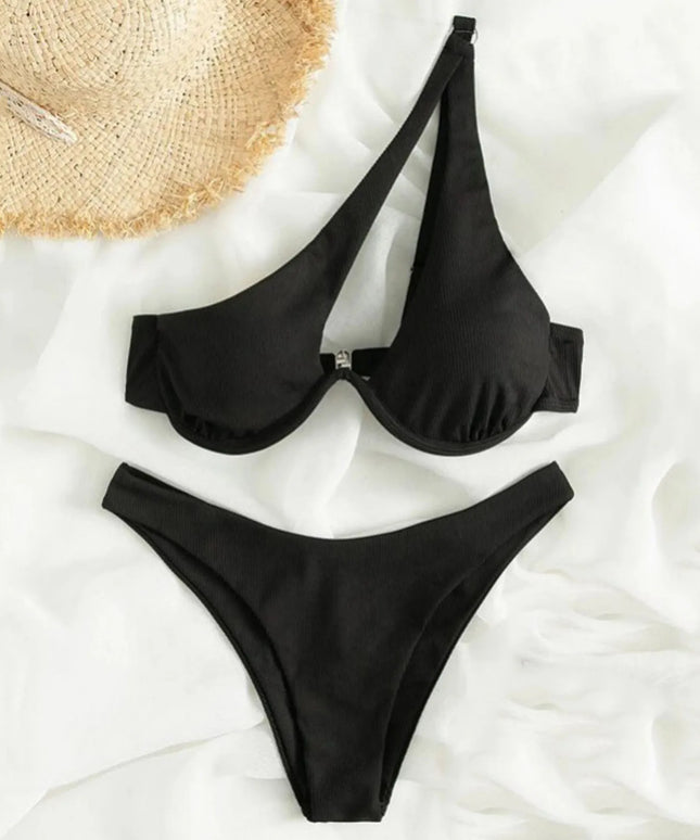 Dwuczęściowy strój kąpielowy bikini asymetryczny z fiszbinami