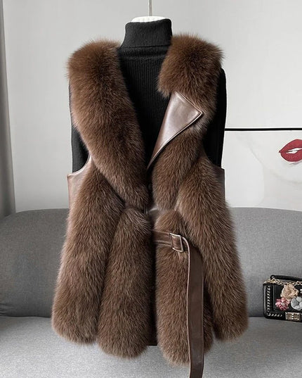 Kamizelka damska ze sztucznego futra z paskiem w talii