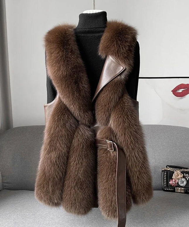 Kamizelka damska ze sztucznego futra z paskiem w talii