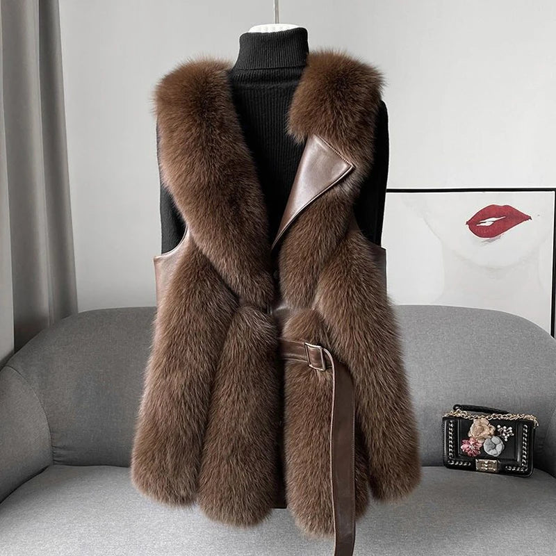 Kamizelka damska ze sztucznego futra z paskiem w talii