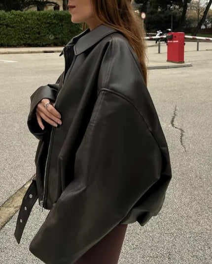 Damska skórzana kurtka przejściowa w stylu vintage - krój oversize