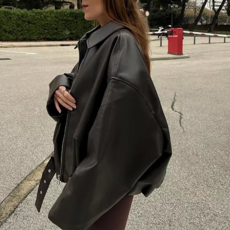 Damska skórzana kurtka przejściowa w stylu vintage - krój oversize