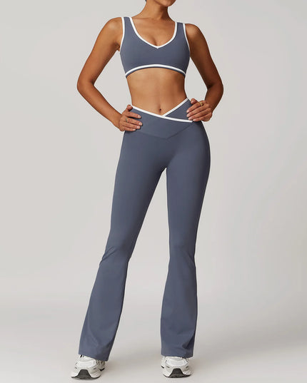 Długi set na jogę i pilates z białą lamówką - krótki top