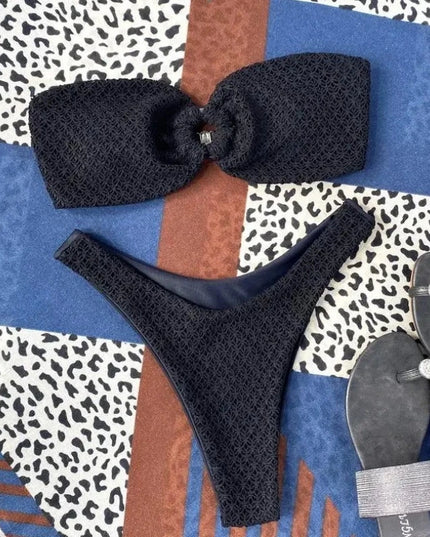 Dwuczęściowy strój kąpielowy bikini bez ramiączek z marszczonego materiału